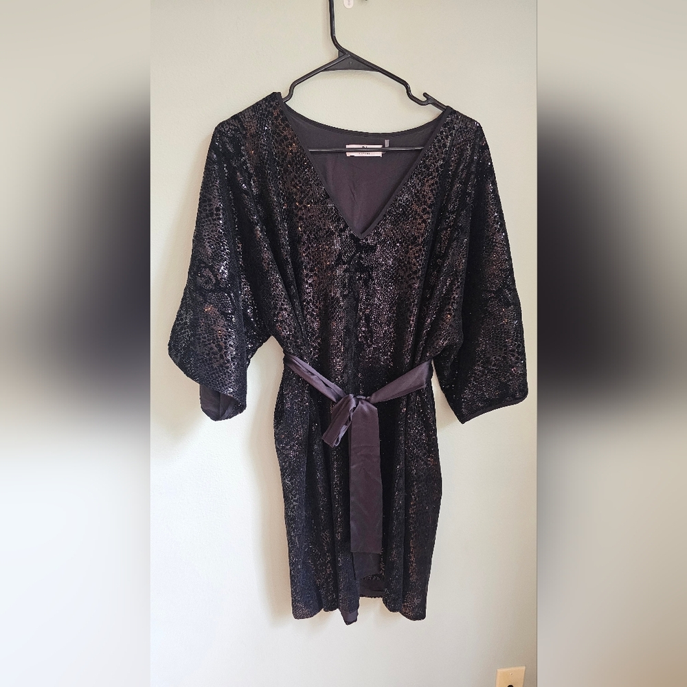 Natori Black Velvet Shimmer Kimono Tunic Dress Size XL